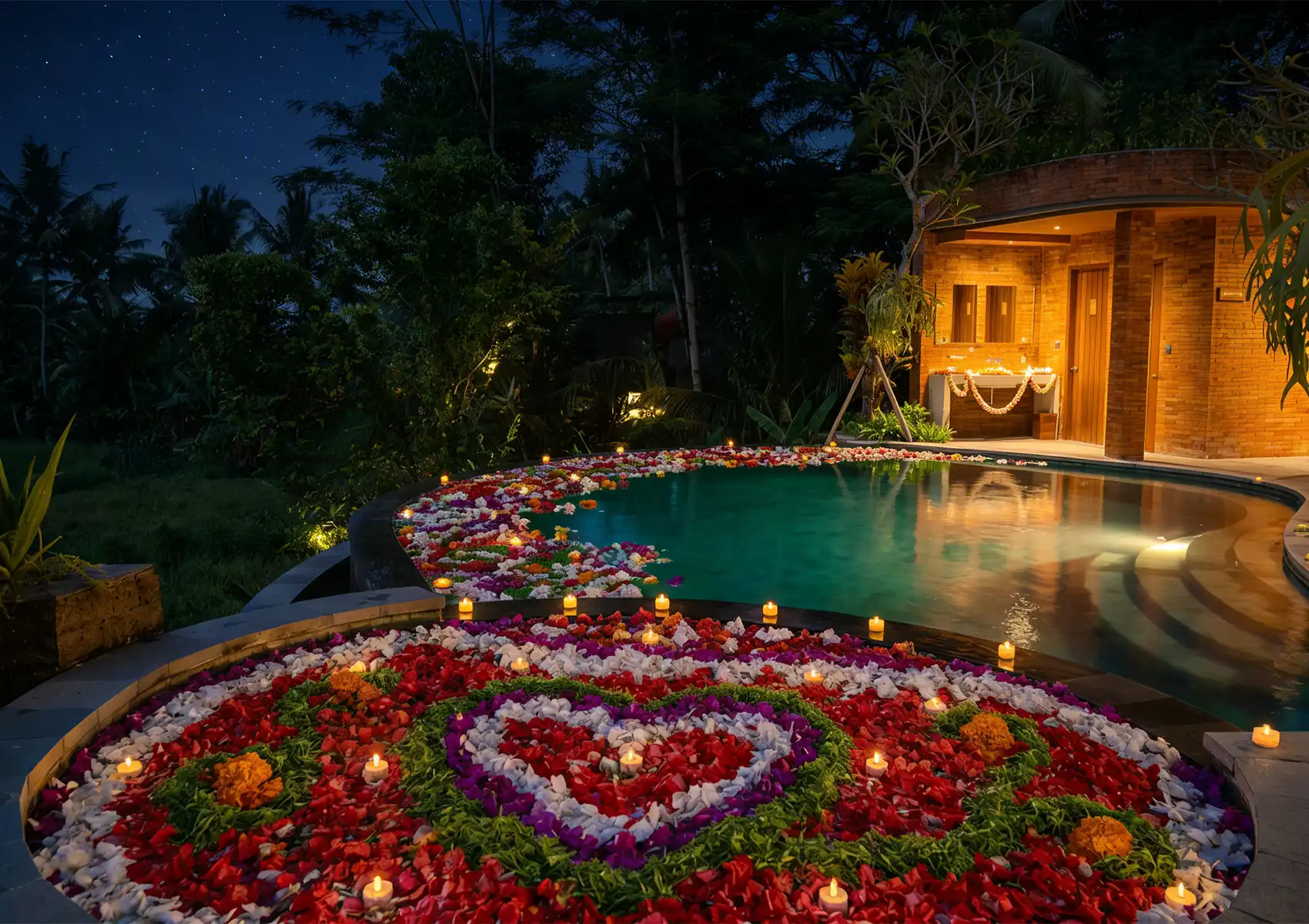 Romantic outdoor pool at night decorated with heart-shaped flower petals and candles, surrounded by tropical greenery and softly lit brick building.